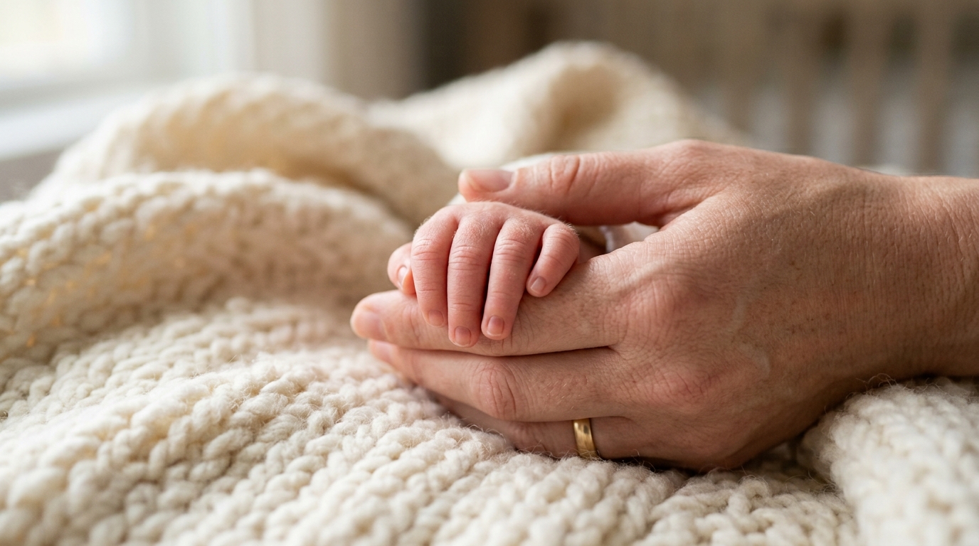 Parent holding a newborn’s hand