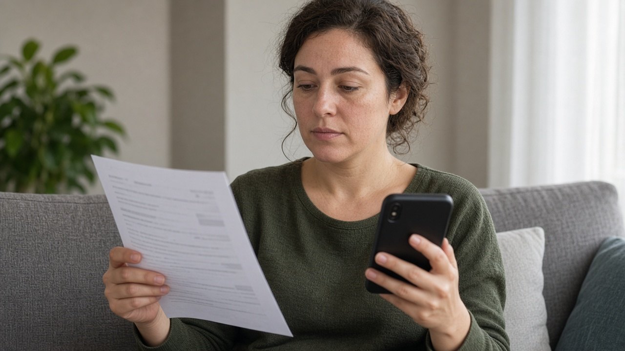 Woman comparing a clinic printout to her phone
