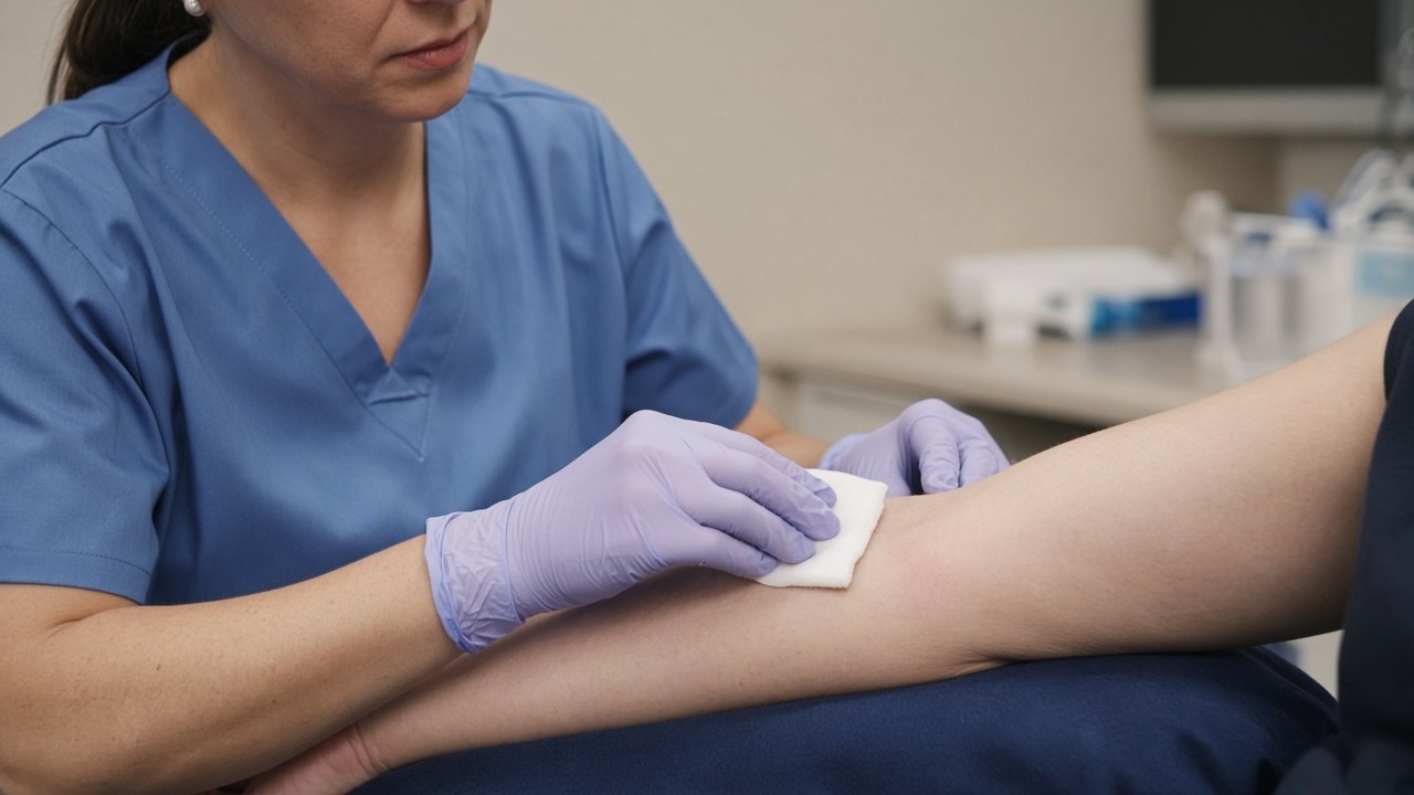 Phlebotomist preparing an inner elbow