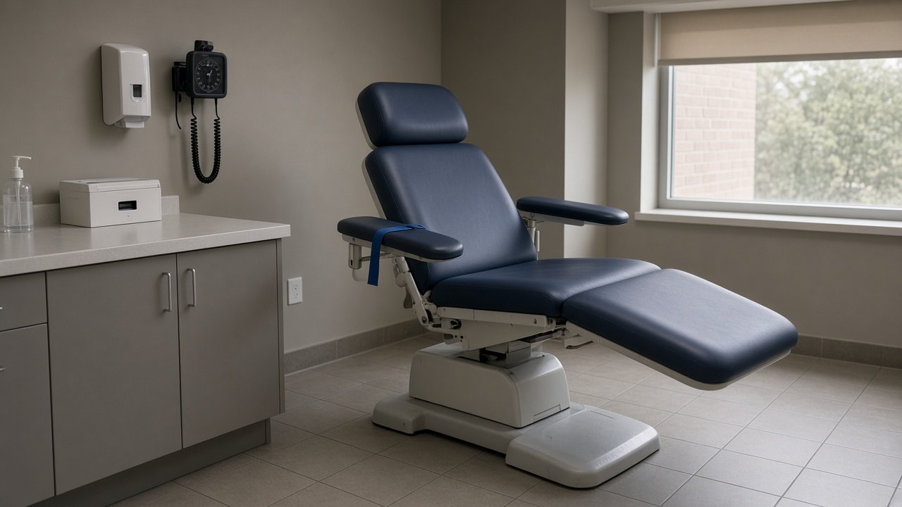 Empty blood-draw chair in clinic