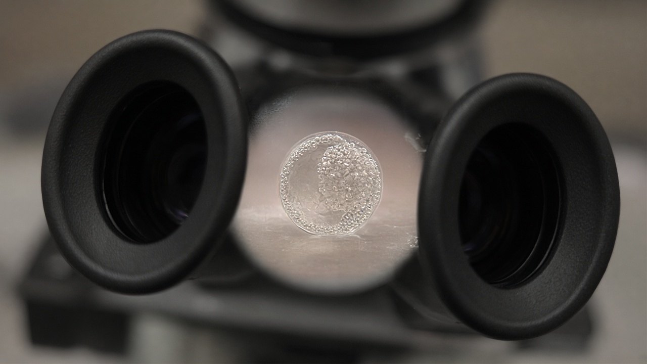 Blastocyst under microscope eyepieces