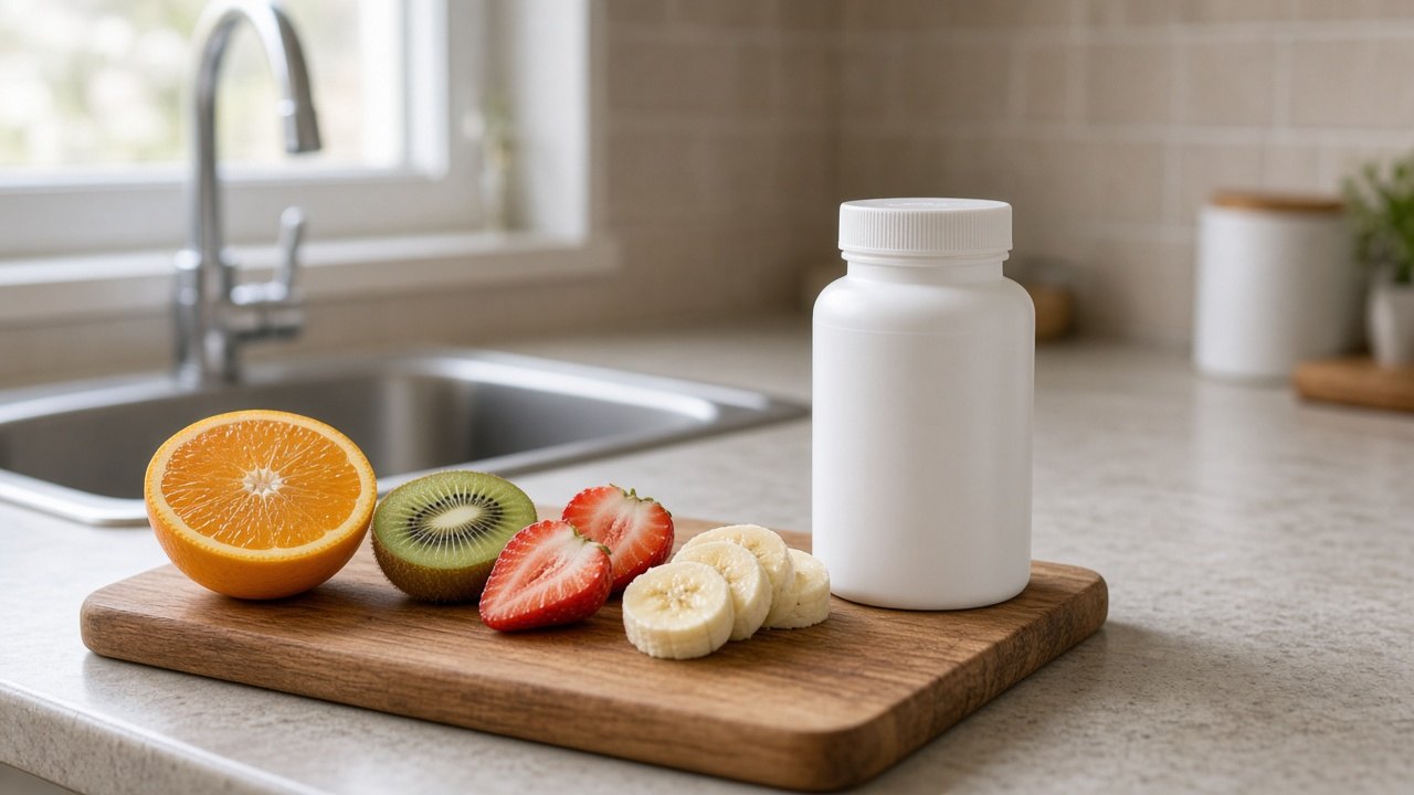 Prenatal vitamins beside fresh fruit