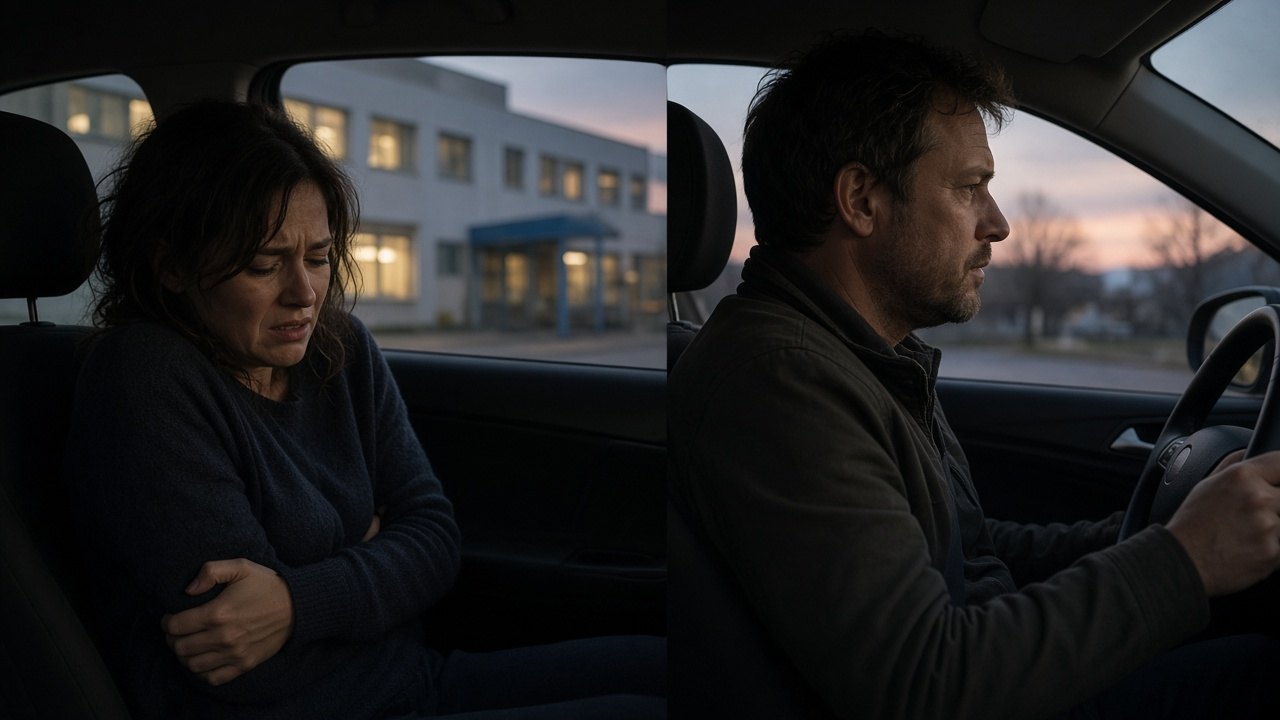Woman holding her side in a car outside a hospital