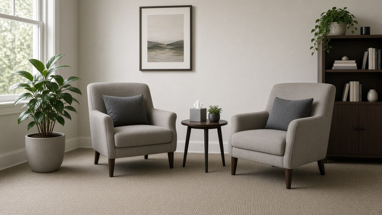 Empty therapist office with two chairs