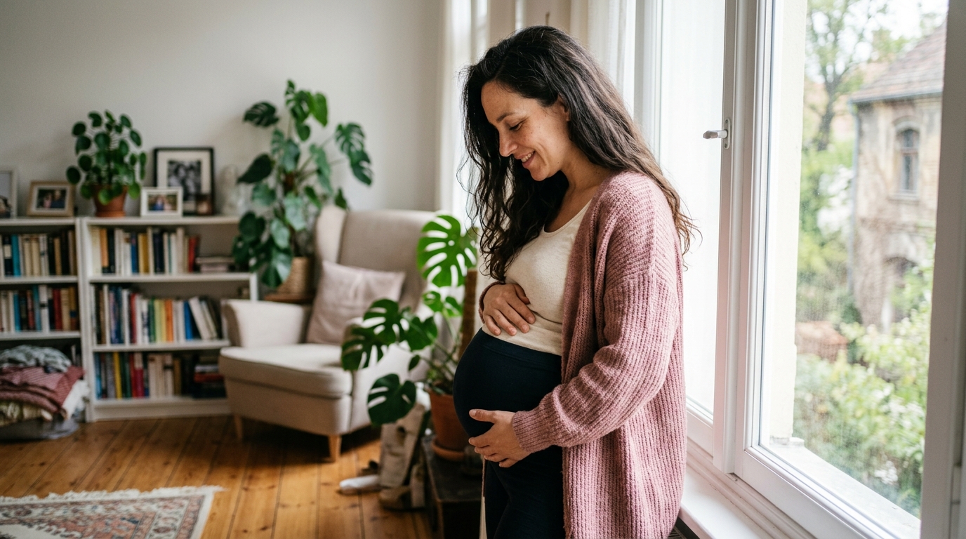 Pregnant woman in a pink cardigan smiling at her baby bump by a sunny window