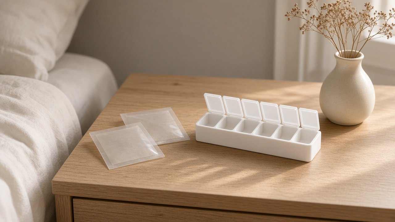 Unmarked estrogen patches on a nightstand