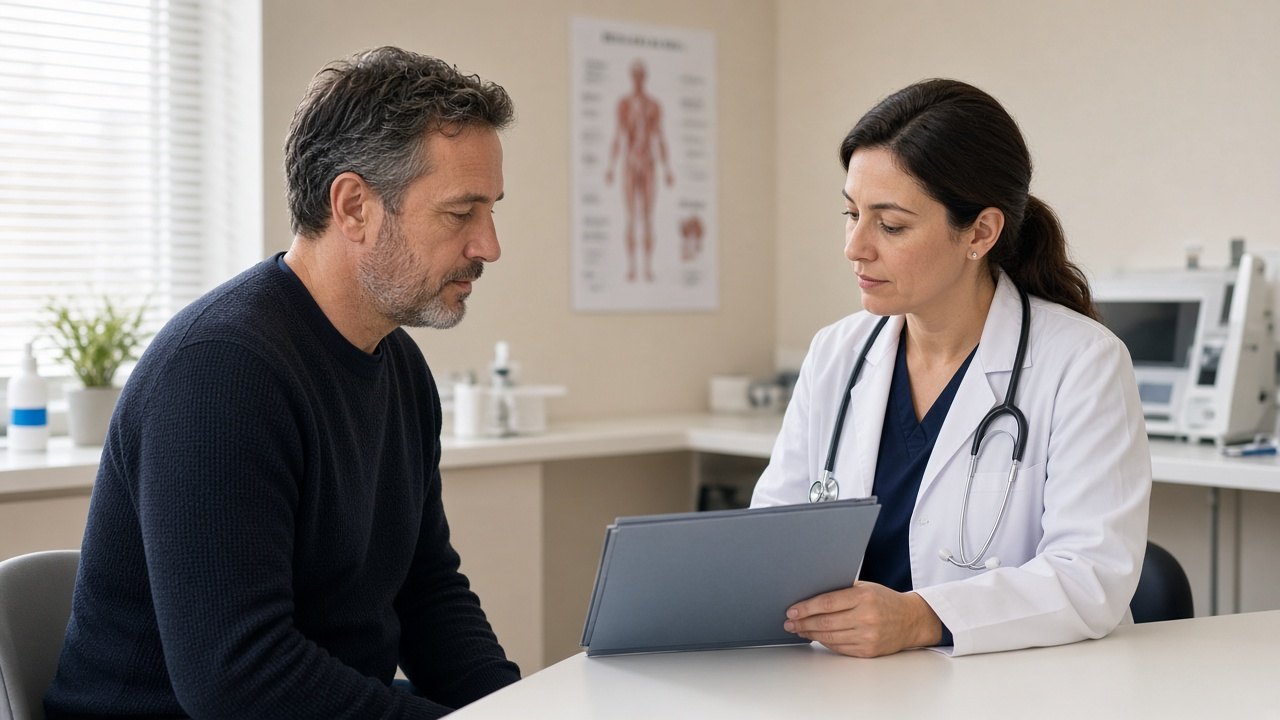 Man in a fertility consult with a closed folder