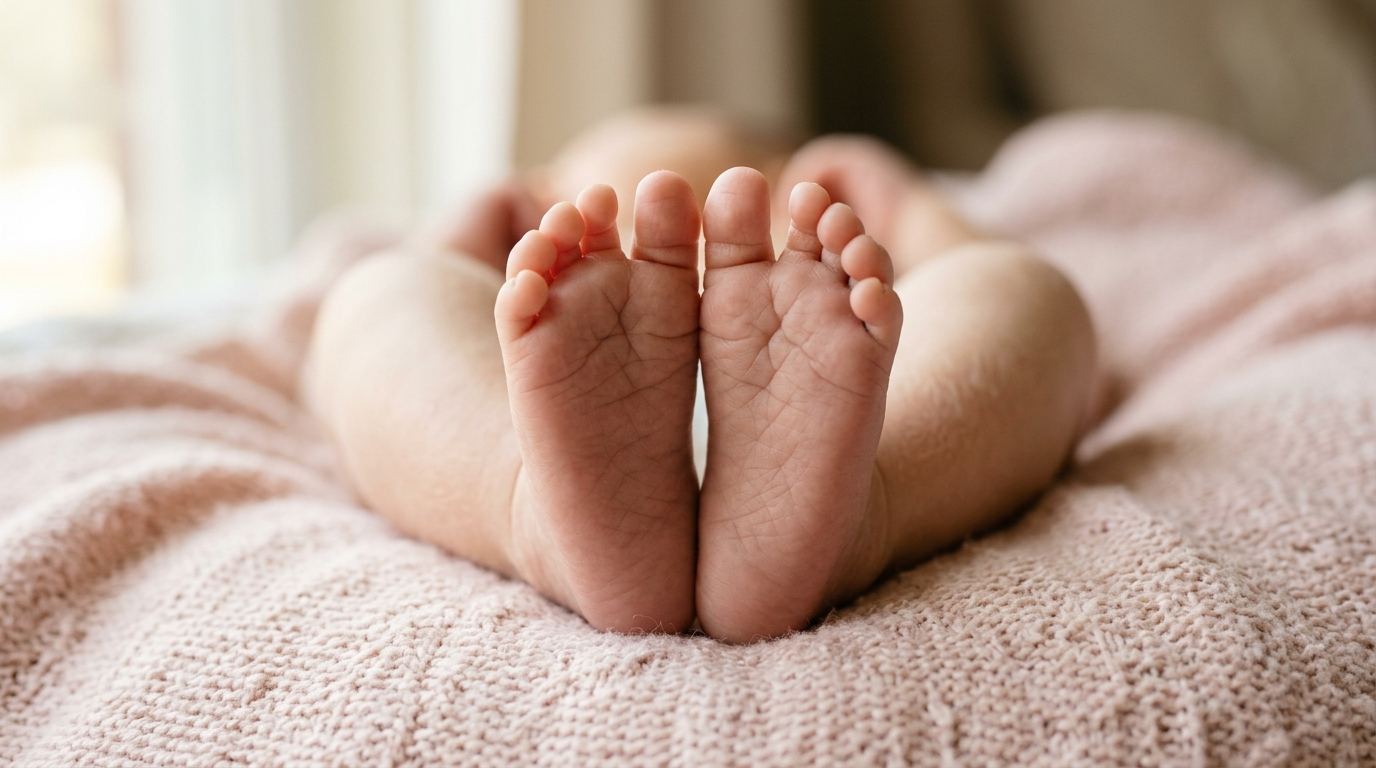 Newborn baby feet on a soft blanket