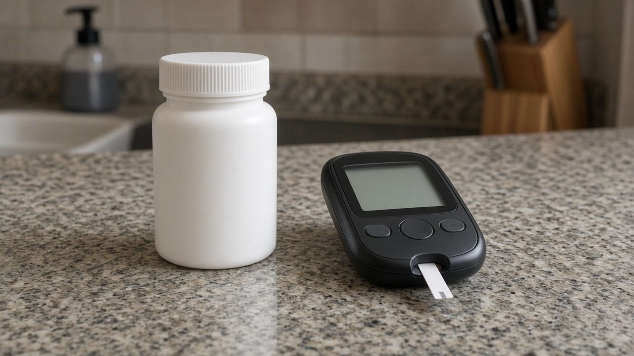 Unlabeled pill bottle beside a glucose meter