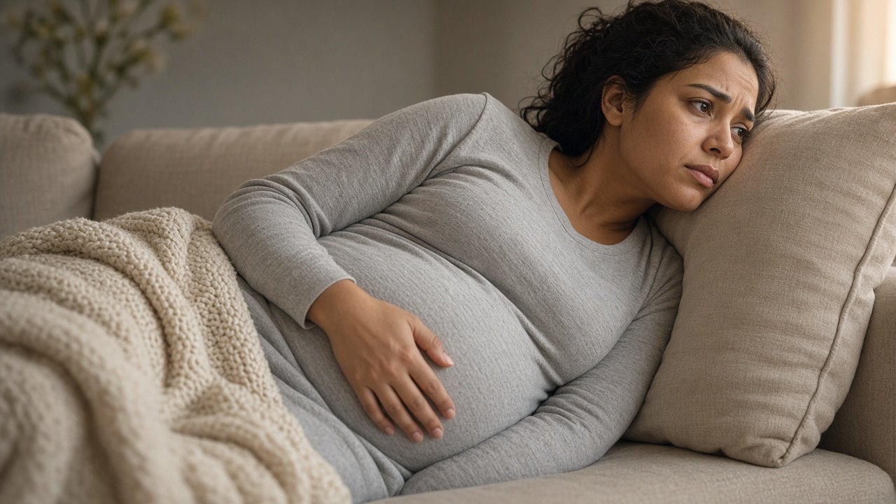 Pregnant woman resting with a hand on her lower belly