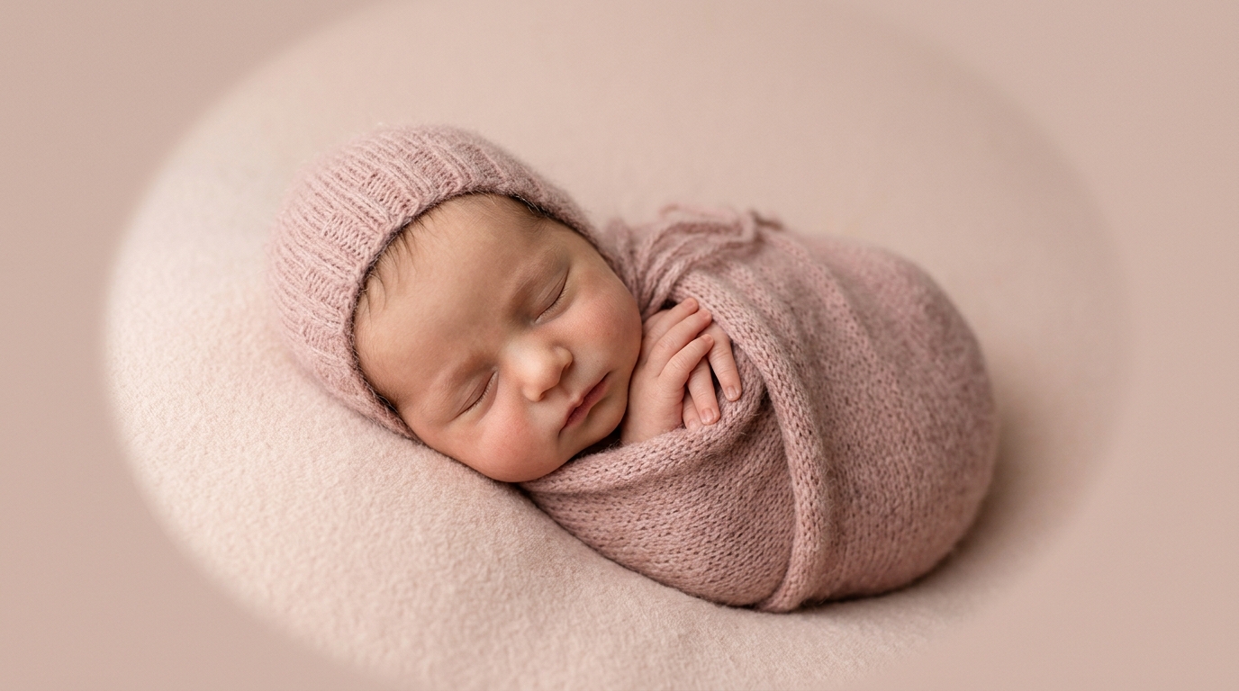 Sleeping newborn baby in a soft pink wrap