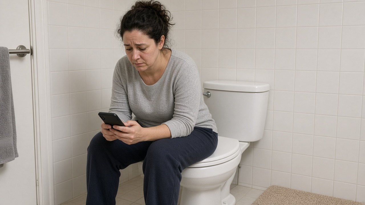 Woman sitting in a bathroom after transfer spotting