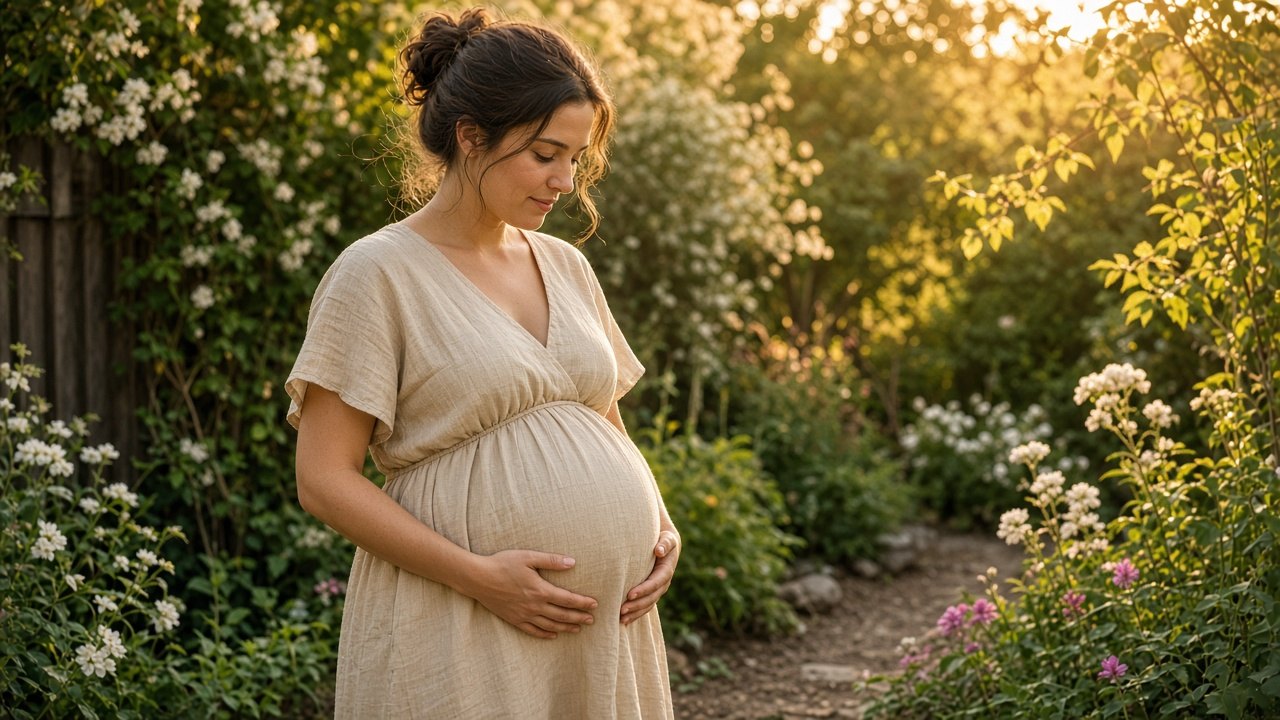 Second-trimester bump in a garden at golden hour