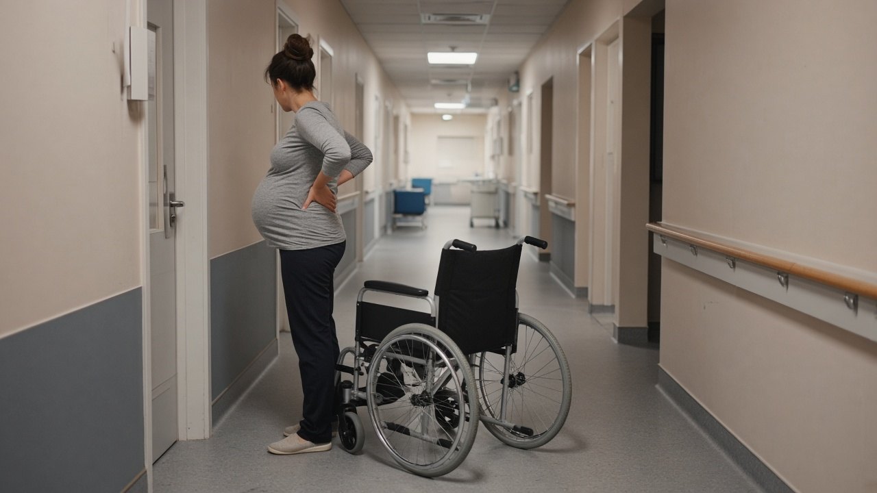 Maternity ward hallway with a wheelchair