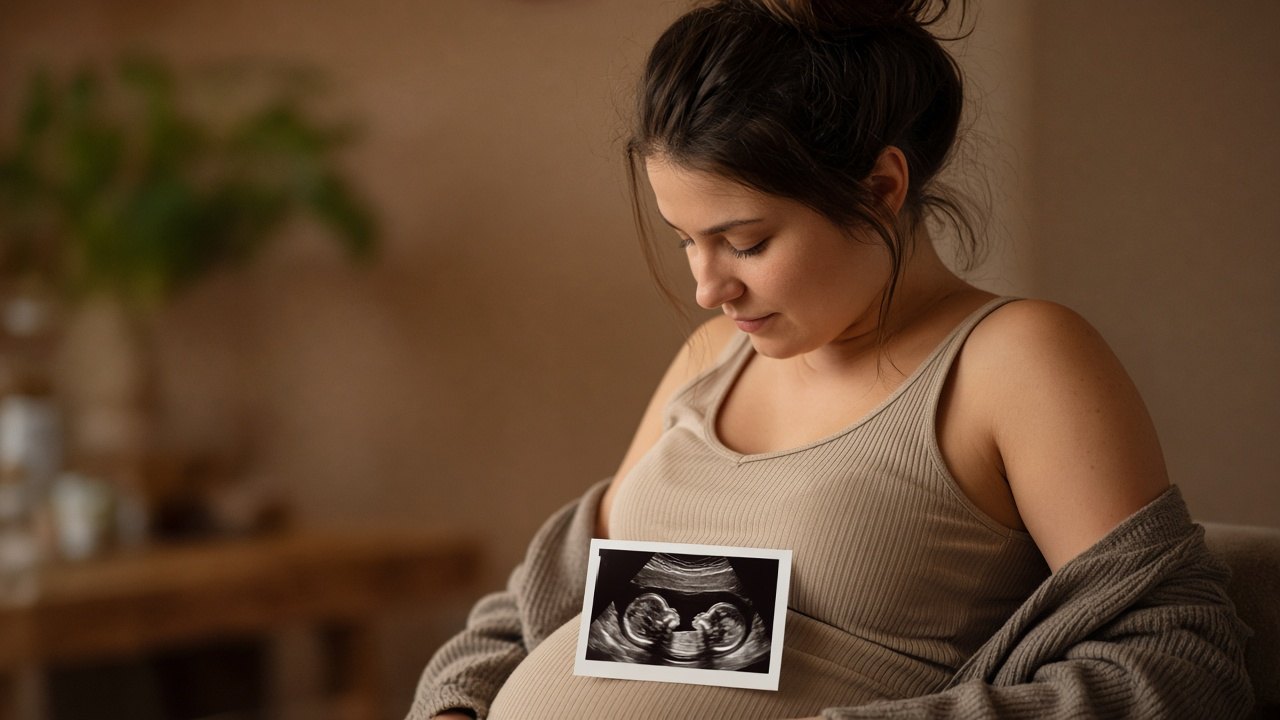 Pregnant woman holding a twin ultrasound print