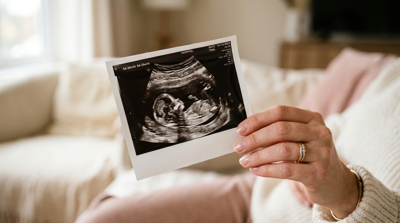 Printed ultrasound photograph held in a parent's hand