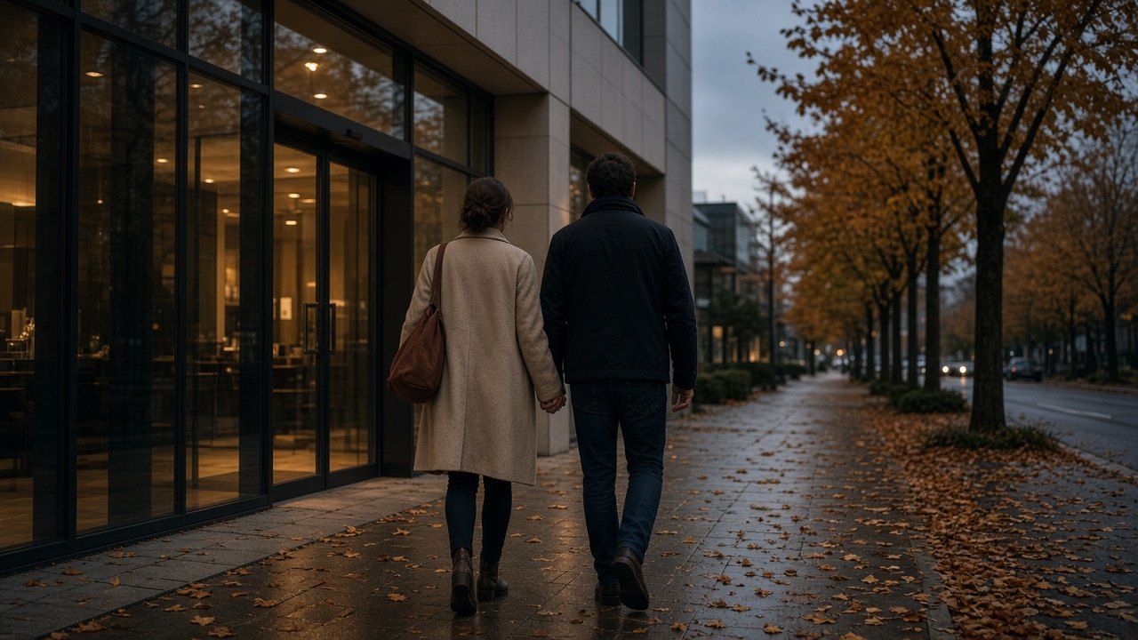 Couple leaving a fertility clinic at dusk