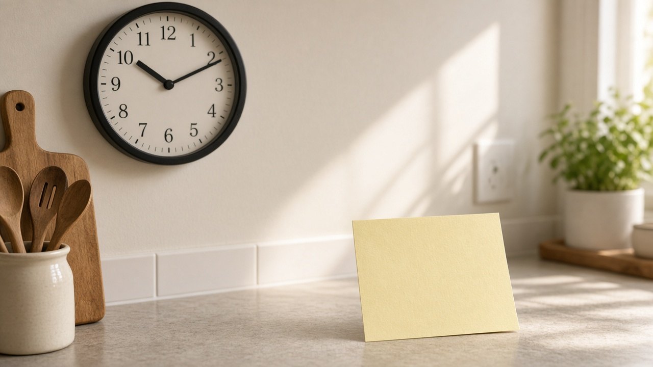 Clock and a blank transfer-day note in a kitchen