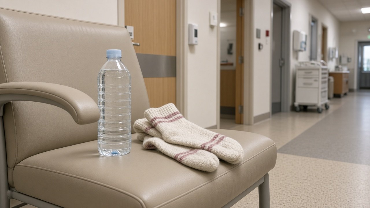 Water bottle and socks waiting in a procedure hallway