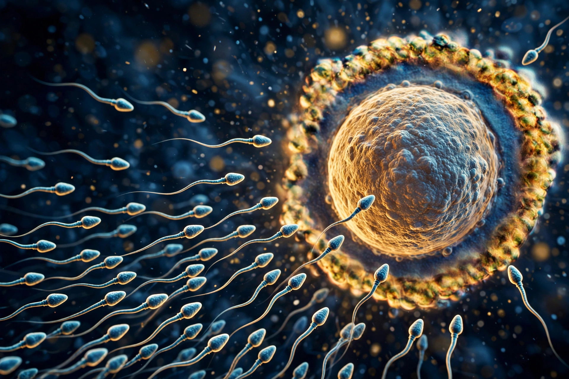 Sperm cells approaching an egg cell under microscope
